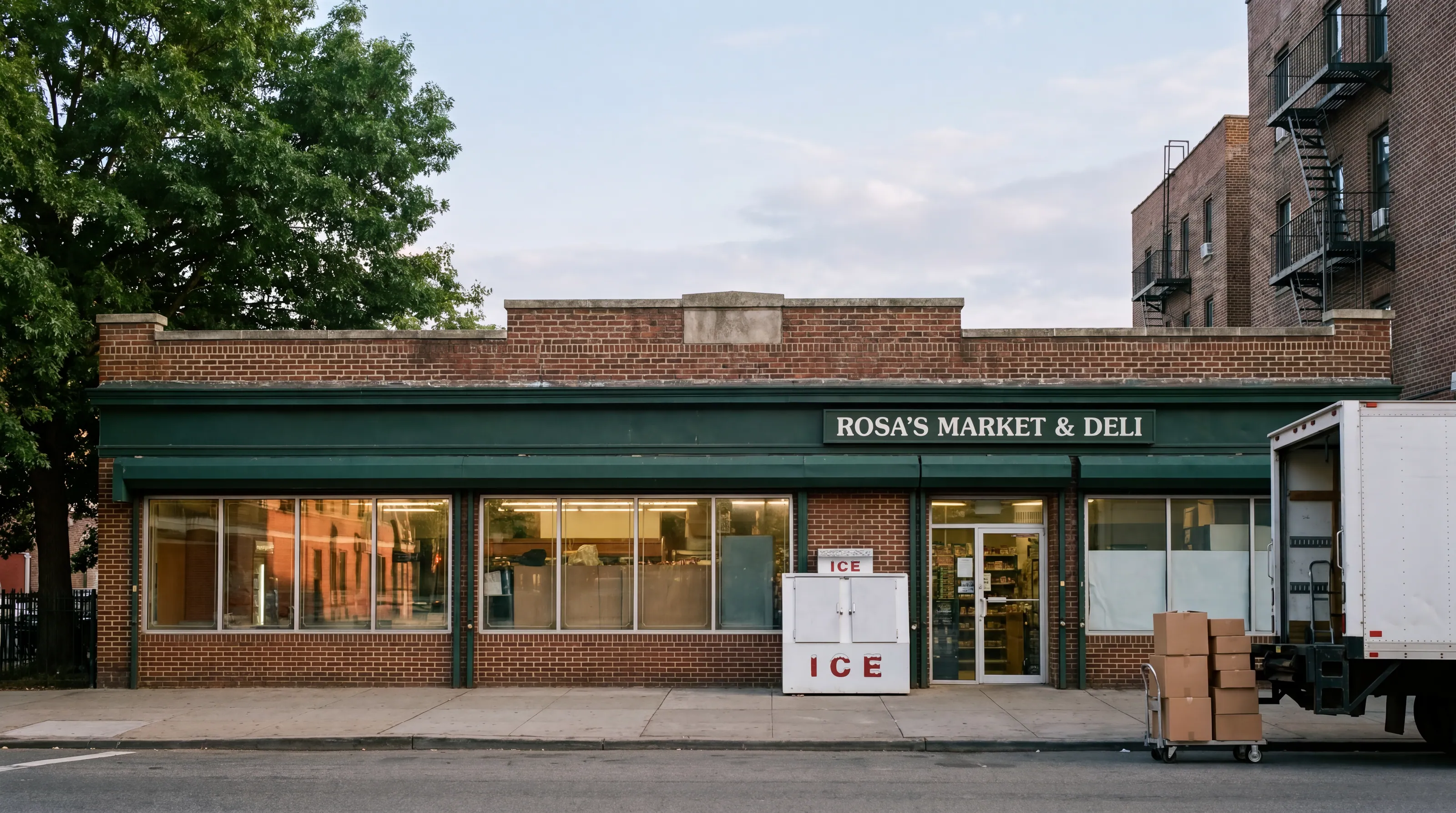 Rosa's Market and Deli, a one-story brick corner grocery with a green awning, as a delivery truck unloads cases at the curb
