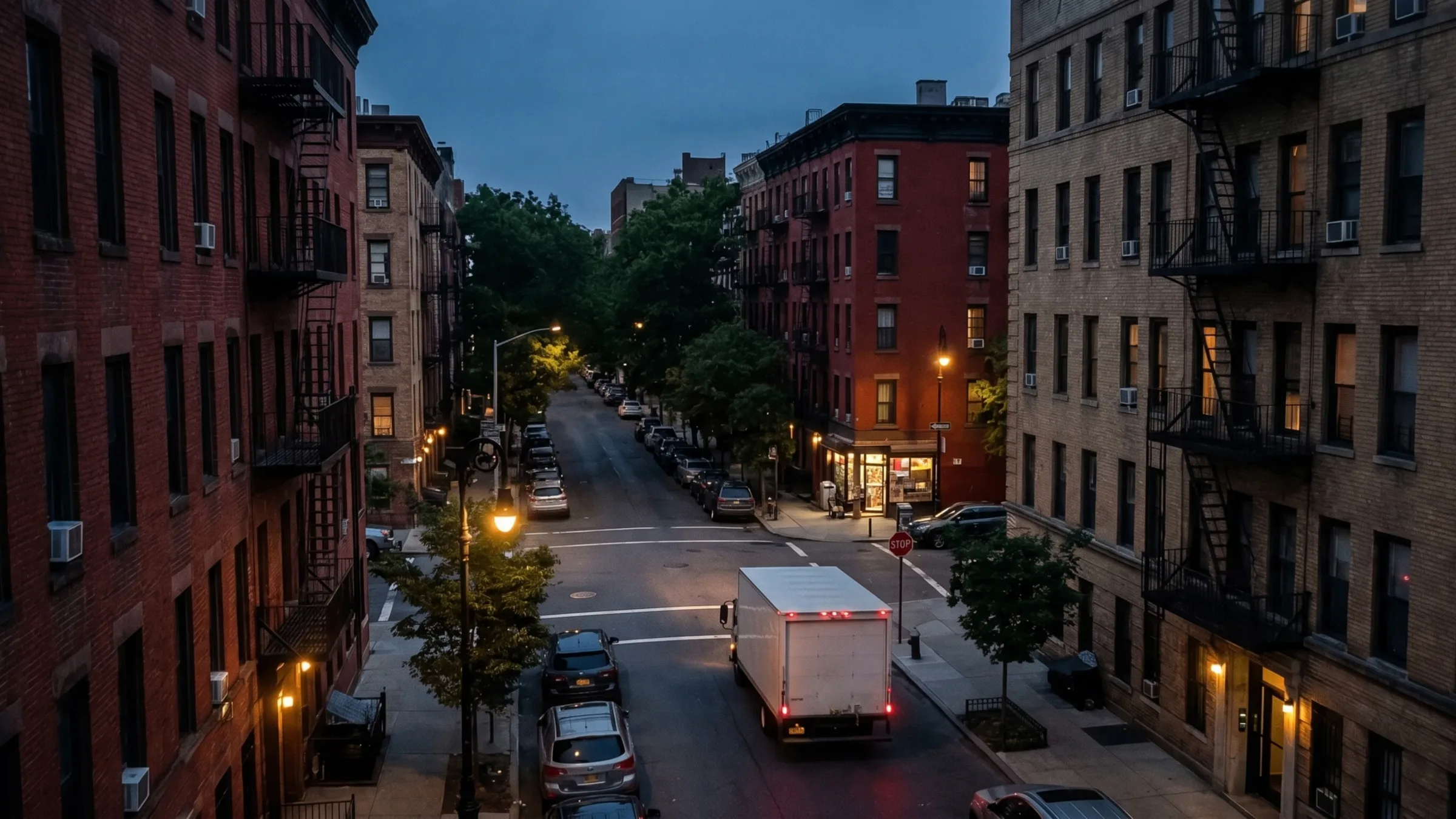 A delivery truck on a city street at dusk, storefronts lit along the block