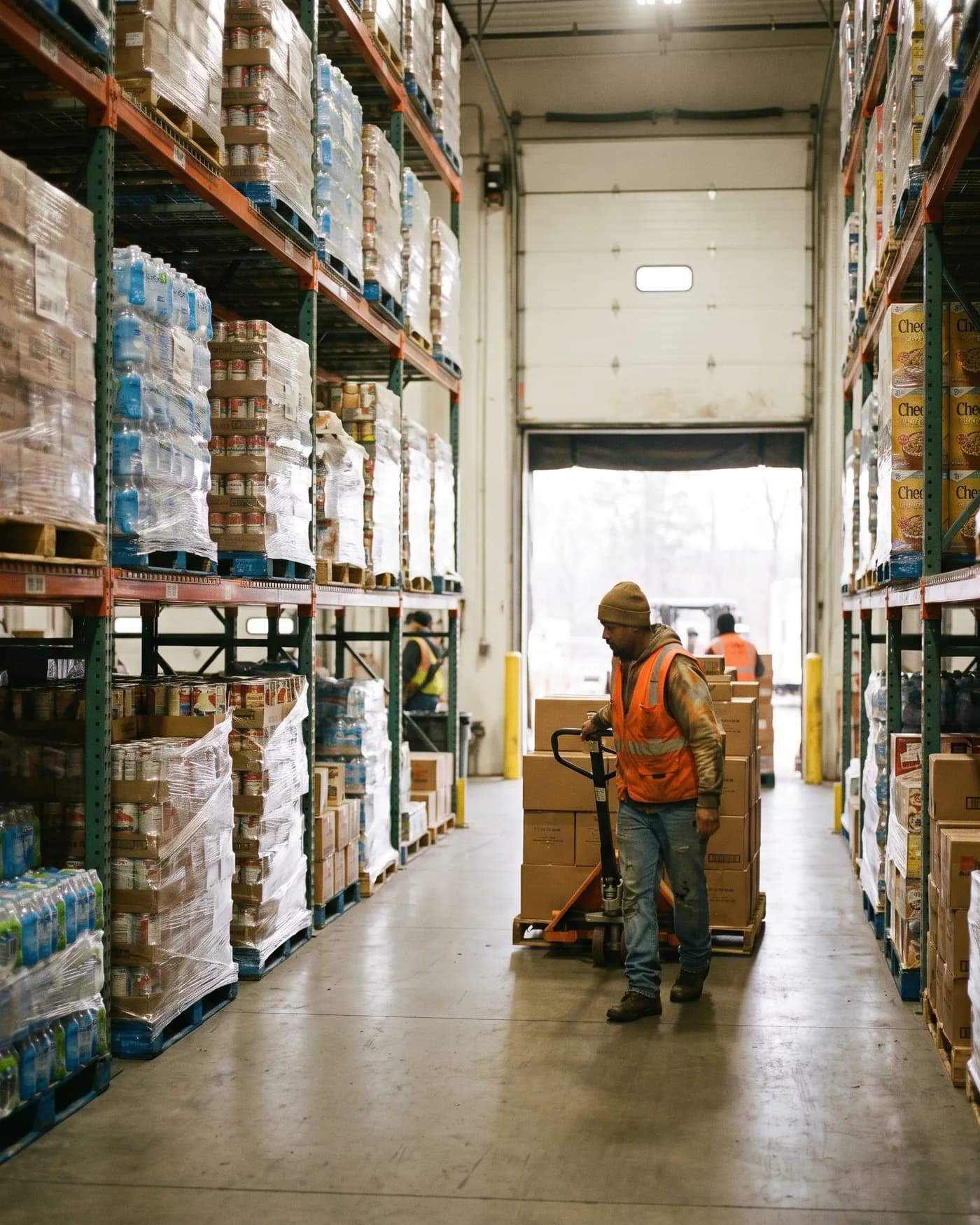 A warehouse worker in a safety vest moving a pallet jack between racks of stacked cases